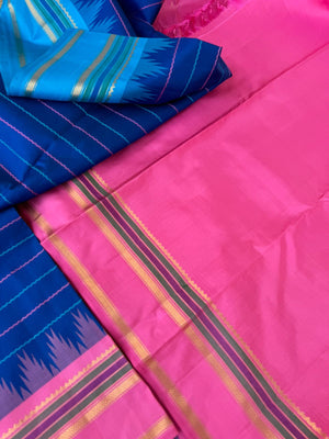 Veldhari on Korvai Kanchivaram - stunning ink blue with bubble gum pink and anandha blue ganga jammuna borders