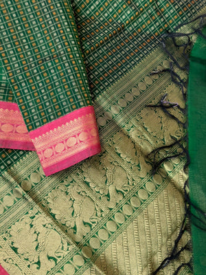 Traditional Colours Woven Motifs Silk Cotton - green Thuthripoo lakshadeepam
