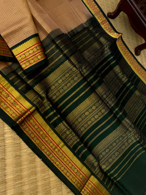 Korvai Silk Cotton - deep cookie being podi kattam with forest green