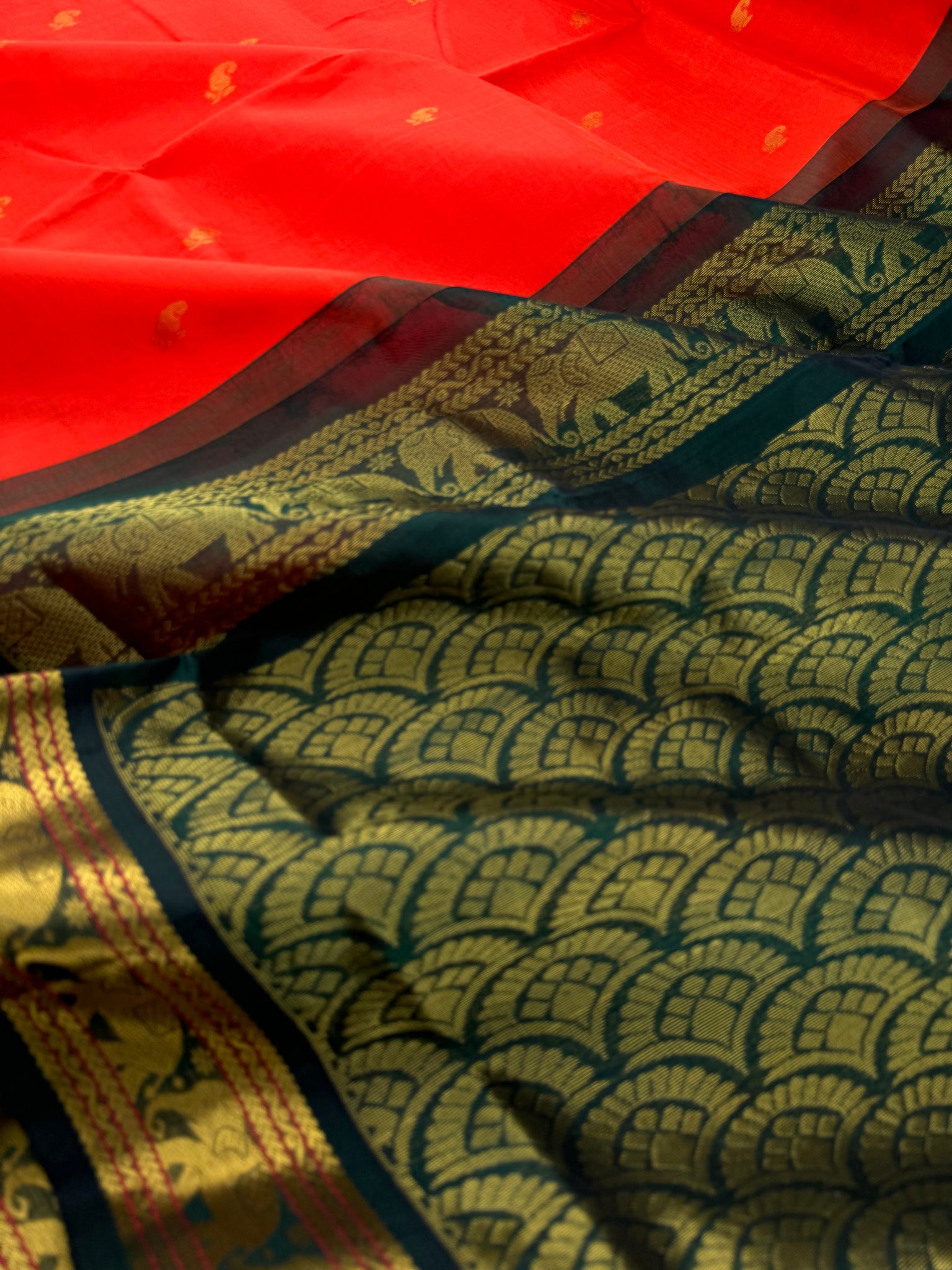 Korvai Silk Cottons - deep dark intense orange and meenakshi green