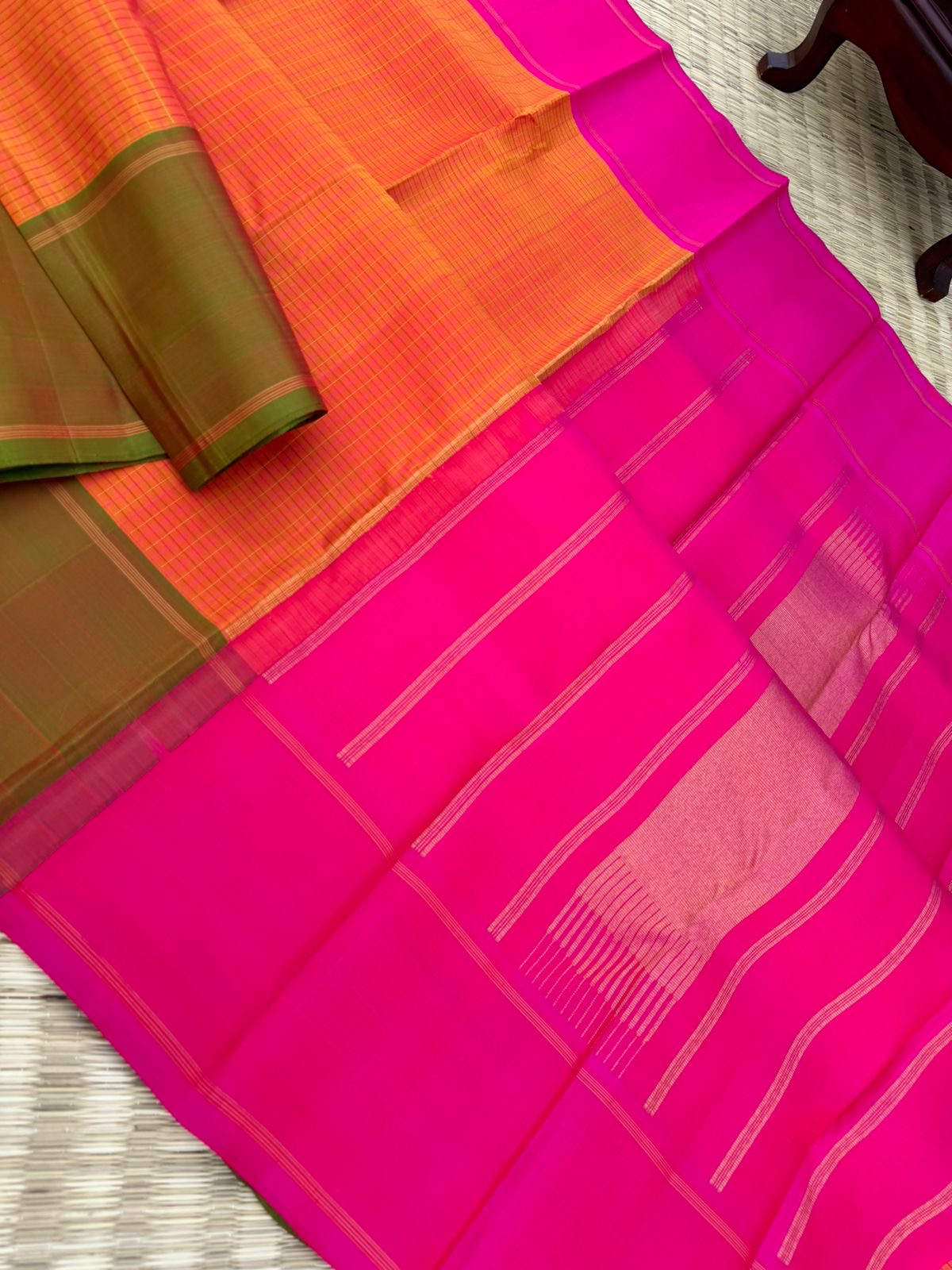 Album Untouched - a classic rust orange with short green and pink Ganga jammuna woven borders with rani pink pallu and blouse