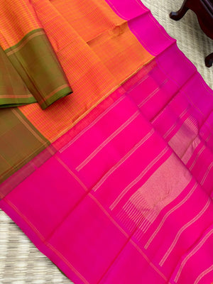 Album Untouched - a classic rust orange with short green and pink Ganga jammuna woven borders with rani pink pallu and blouse