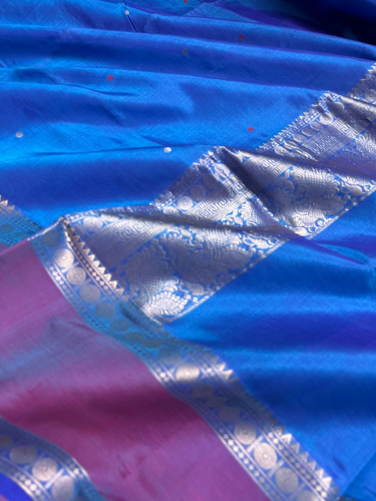 Zari Kissed Silk Cotton -different blue with center buttas woven pallu