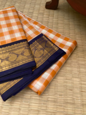 Paalum Palamum Kattams Korvai Silk Cottons - off white and orange with deep navy blue borders