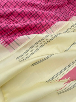 Rarest Korvai Kanchivaram - gorgeous burnt pink kattam no zari kanchivaram with off white cream borders pallu and blouse