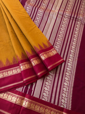 Mira - Our Exclusive Cotton body with Pure Silk Korvai Borders - traditional at the best mustard and deep red with annapakshi woven borders