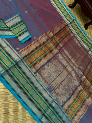 Zari Kissed Silk Cotton - a deep red short blue with laddu Kamalam motifs woven borders
