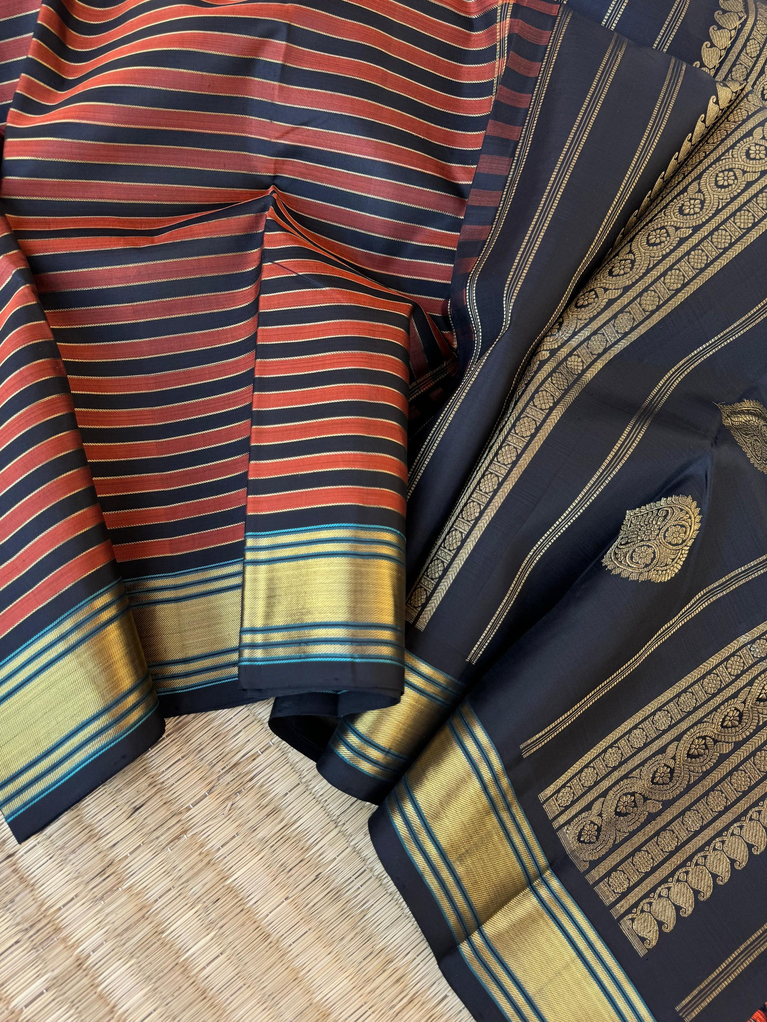 Vari - Stripes woven Kanchivaram | rust and black