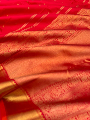 Colours of Navarathri 2025 on Kanchivarams - wear this full tomato red and gold kanchivaram style with any of your gold or diamond jewellery !! You will be talk of the town for sure