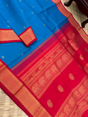 Kanchivaram Trunk - a one of kind old school kanchivaram blue and red korvai woven aarai maadam motifs borders
