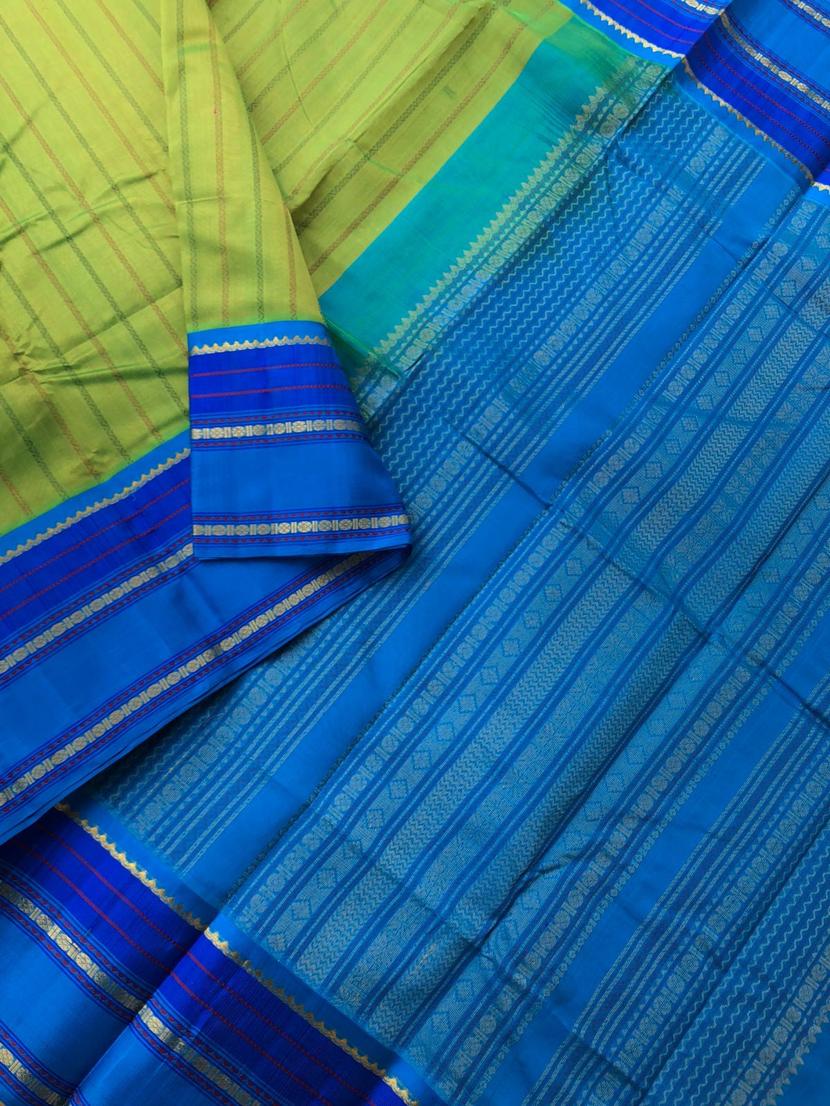 Divyam - Korvai Silk Cotton with Pure Silk Woven Borders - apple green and blue vertical veldhari