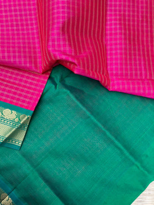 Korvai Silk Cottons -pink and green zari kattam