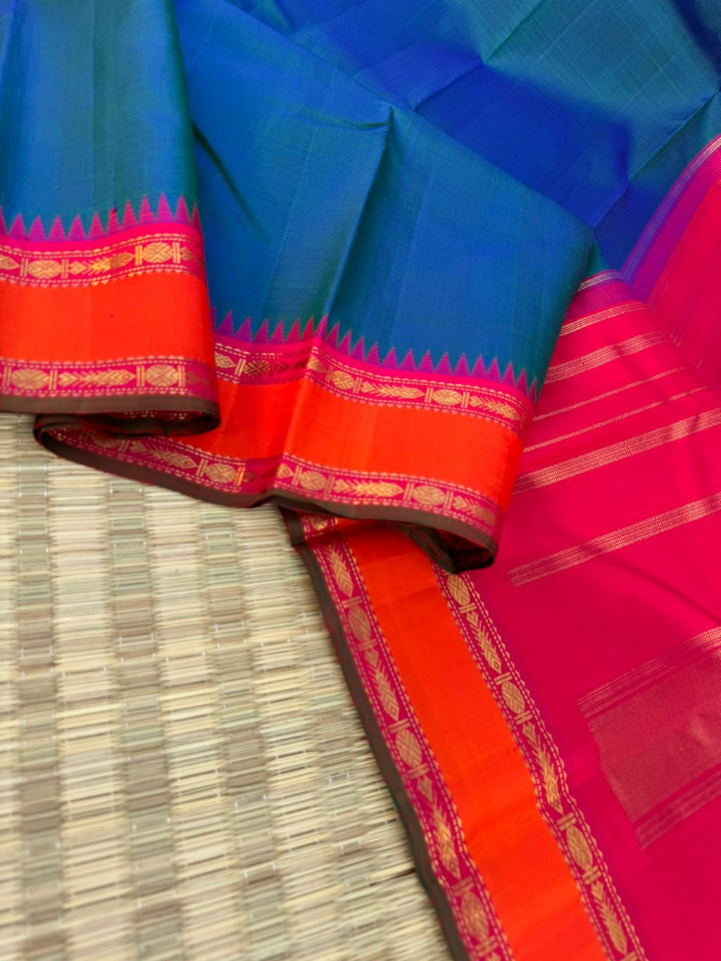 Kamakshi - Heirloom Korvai Kanchivaram - the best of best peacock blue body with orange pink borders and pallu