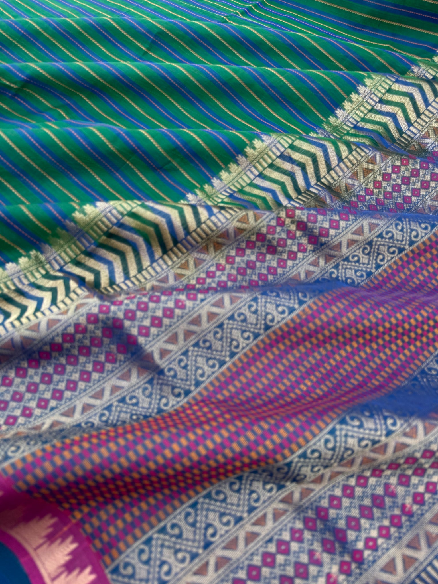 Woven Motifs Silk Cotton - more of green and peacock blue muthu veldhari with small one inch thalampoo woven borders