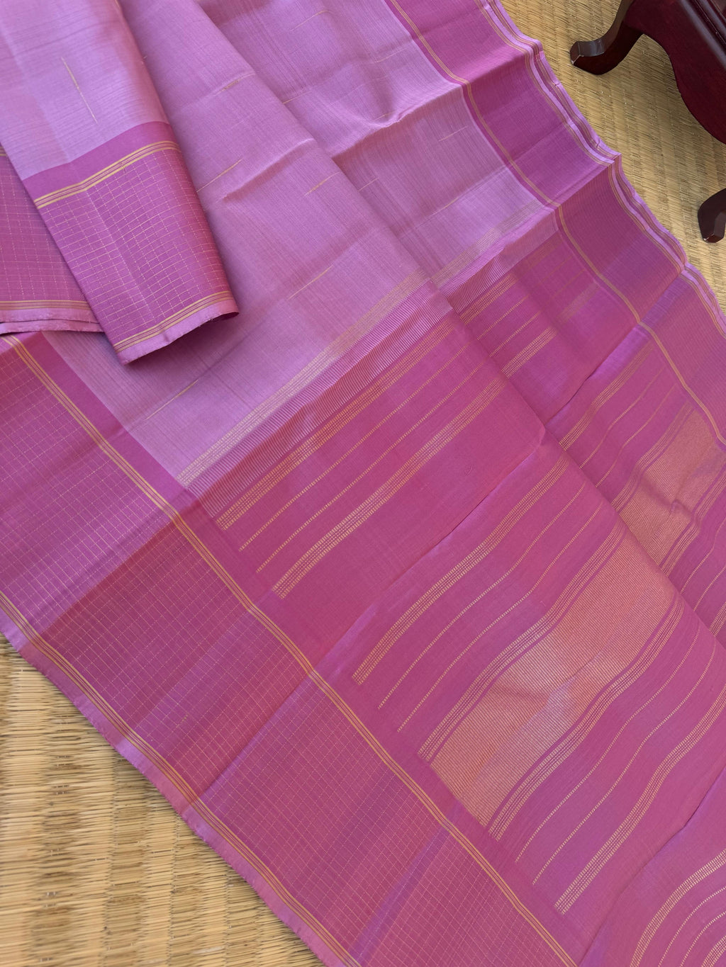 Molten Metallic Kanchivaram - Limited Edition | gorgeous metallic pink on pink kattam borders with malli mokku or rain drops woven buttas