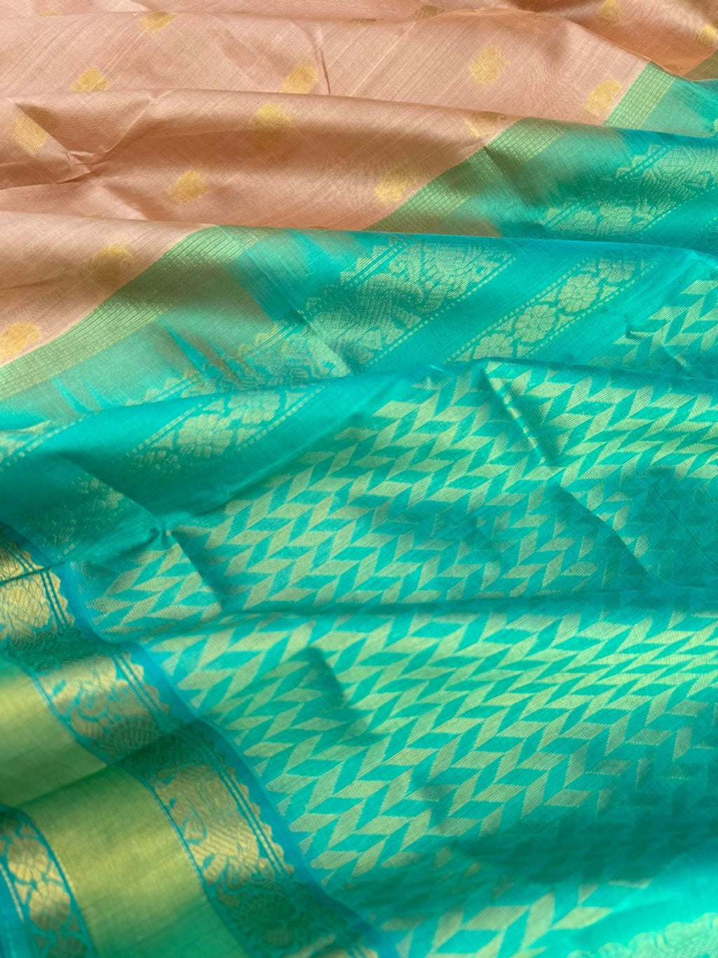 Korvai Silk Cottons - stunning beige and turquoise with woven buttas