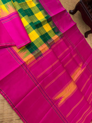 Chettinad Chexs on No Zari Korvai Kanchivaram - vibrant mix of yellow green and pink
