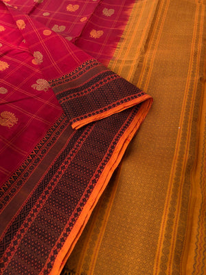 Woven Motifs Silk Cotton - deep red and mustard mayil chackaram