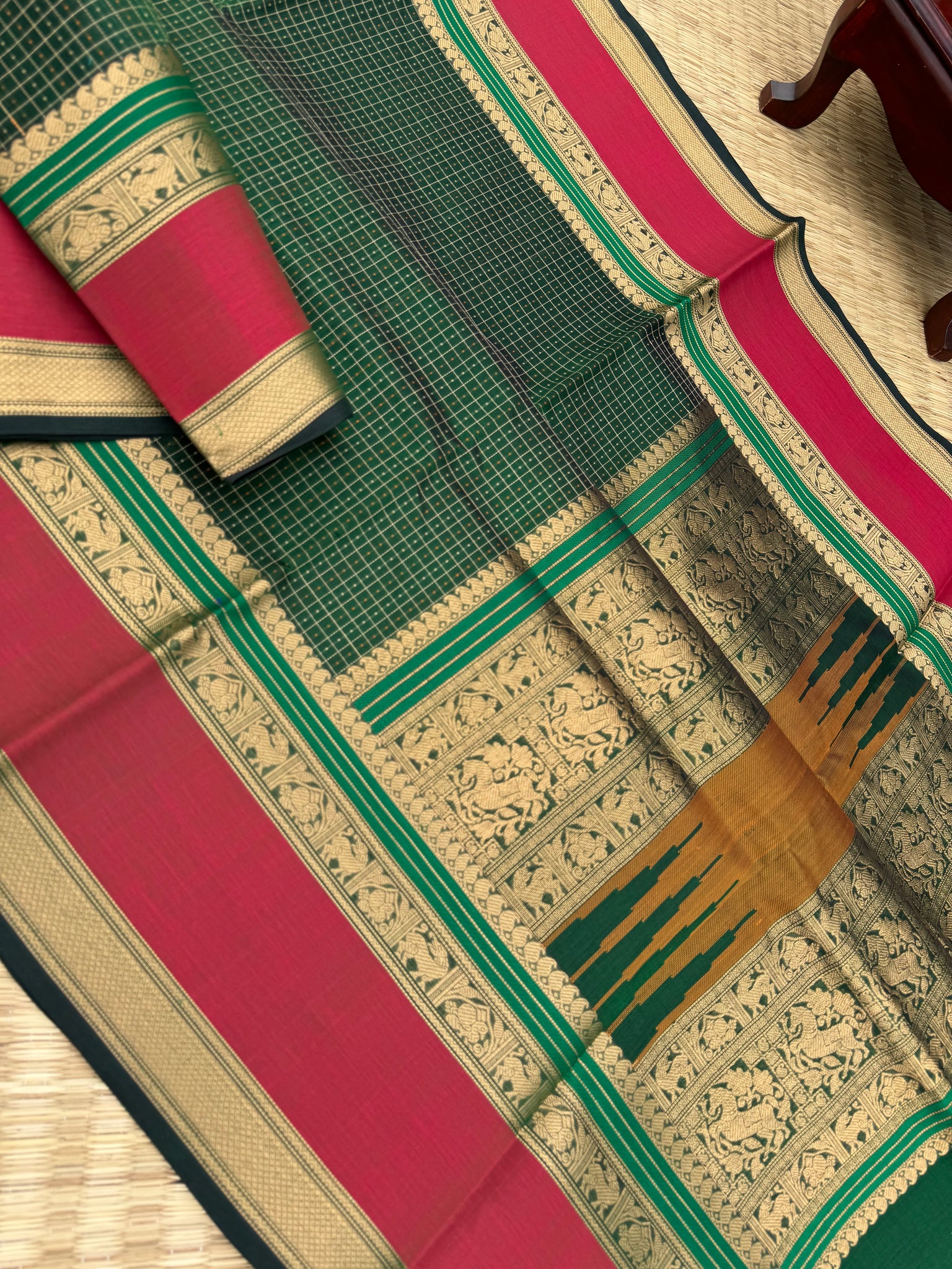 Woven Motifs Silk Cotton - a deep meenakashi green lakshadeepam