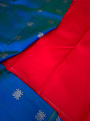 Mohaa - Beautiful Borderless Kanchivarams - peacock blue green kolam buttas with red pallu and blouse