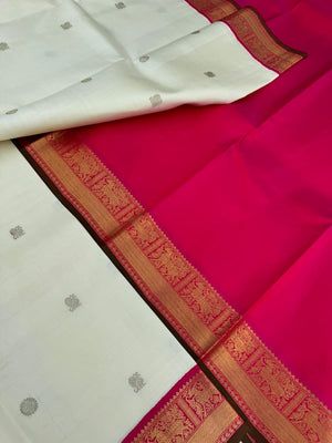 Colours of Navarathri 2025 on Kanchivarams - white and rani pink korvai kanchivaram is must have in our saree collection