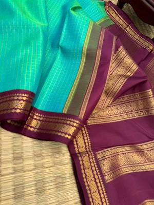 Vintage Ragas on Kanchivaram - beautiful dual tone aqua blue green zari kattam woven body with vintage aadai woven burgundy tone borders