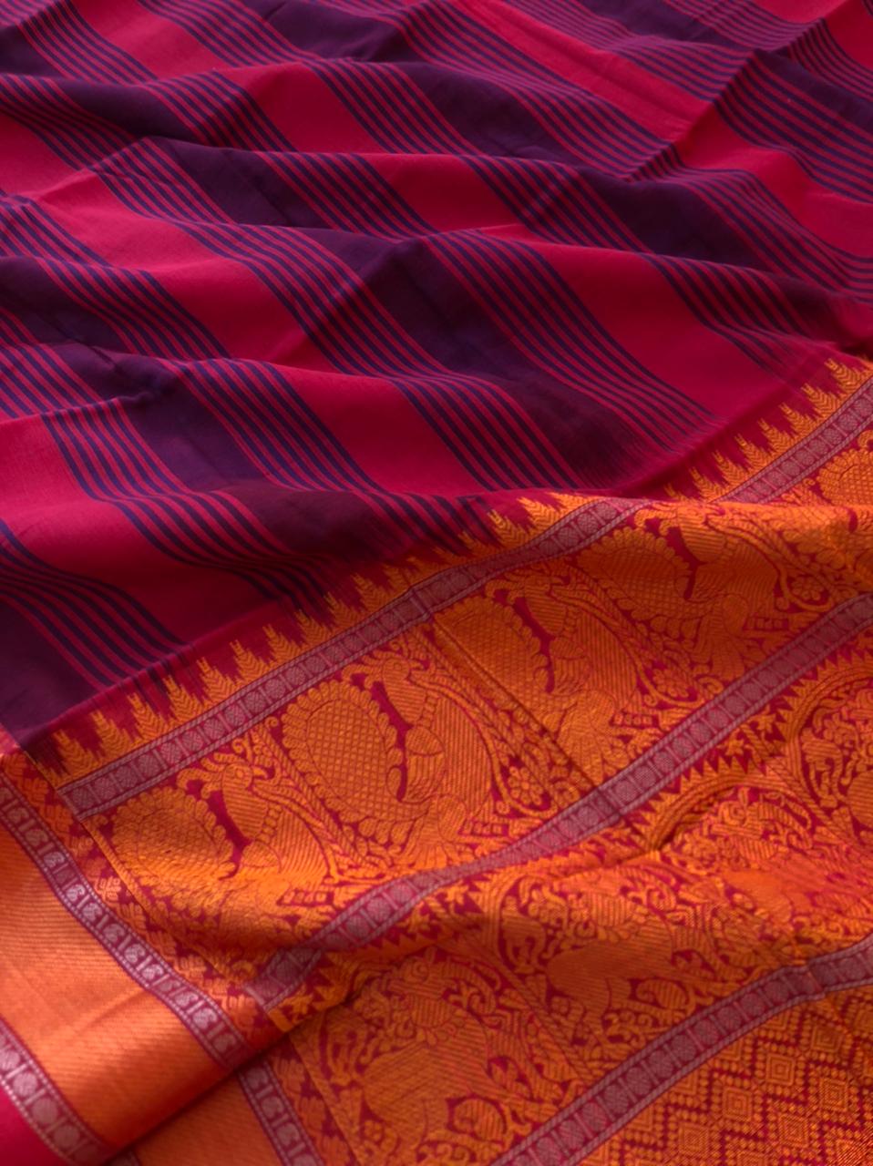 Mangalavastaram - burgundy and navy blue body stripes with woven pallu
