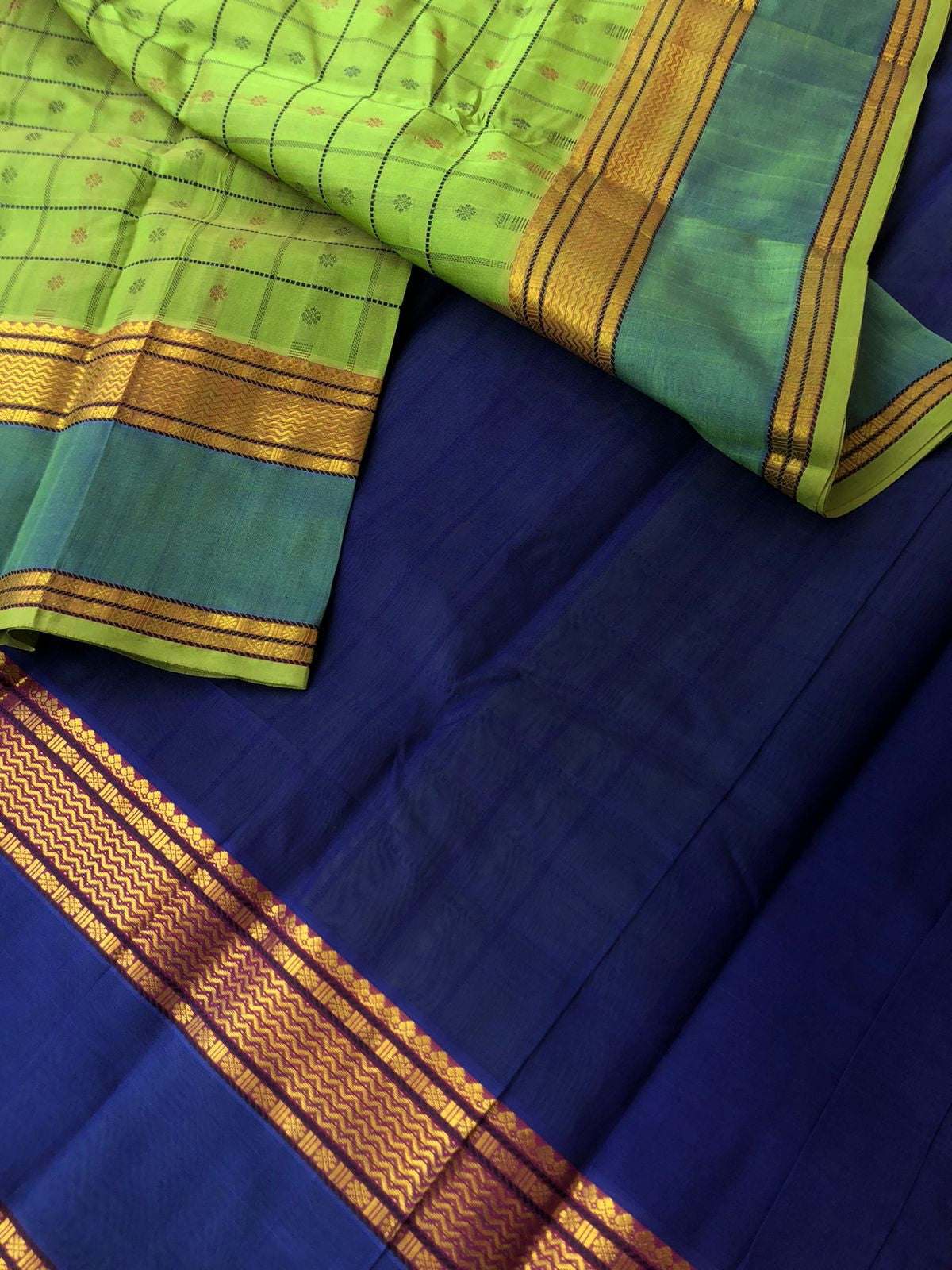 Woven Motifs Silk Cotton - apple green and ink blue Lakshadeepam