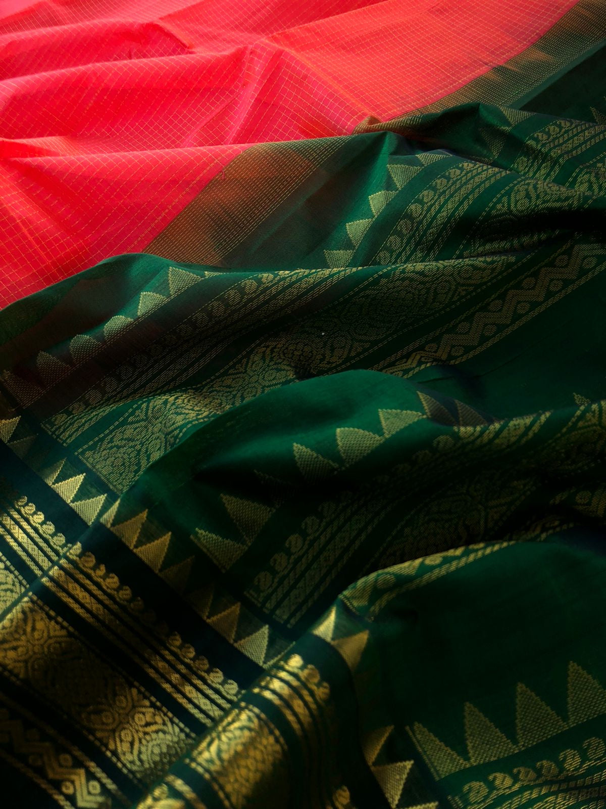 Podi kattam ( tiny chexs ) on Korvai Silk Cotton - Kanagambaram orange pink and Meenakshi green zari kattam