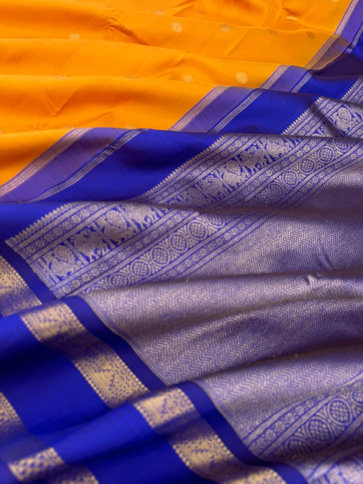Colour Play on Kanchivaram - stunning yellow and ms blue korvai kanchivaram with retta pett woven perfect borders