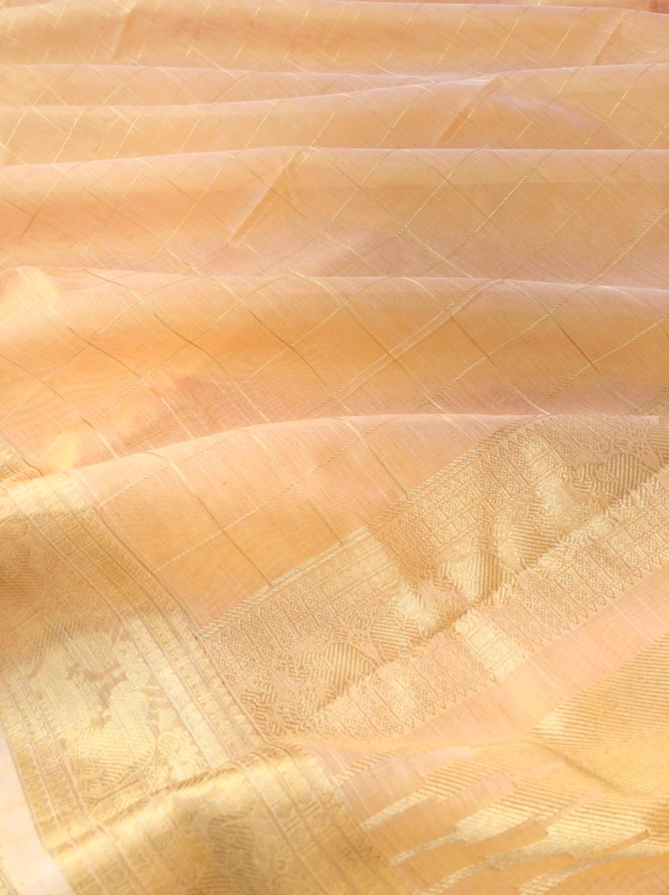 Zari Kissed Silk Cotton - creamy gold tinch muthukattam with elephants woven borders