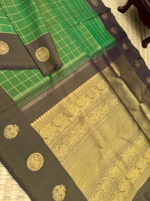 Diwali Edits - Kanchivaram For All Occasions - Amazing green and deep grey a very unusual combination of kattam woven body with border woven buttas