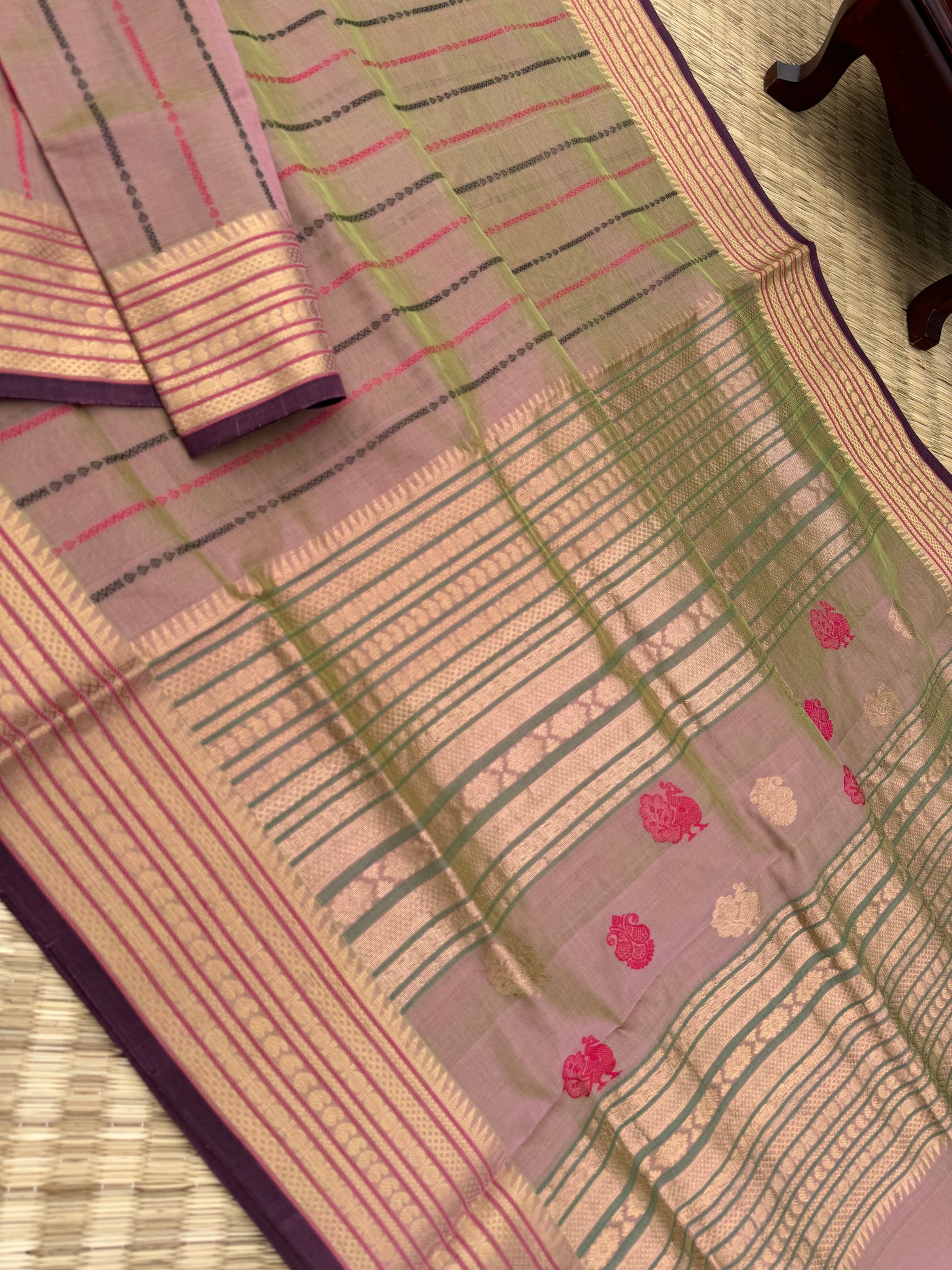 Woven Motifs Silk Cotton - a pastel green mixed with pastel baby pink vertical veldhari