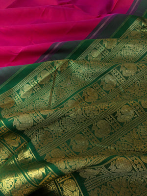 Vintage Ragas on Kanchivaram - the most beautiful Indian pink and kum kum pink woven together with annapakshi and jada nagam woven Meenakshi green korvai borders
