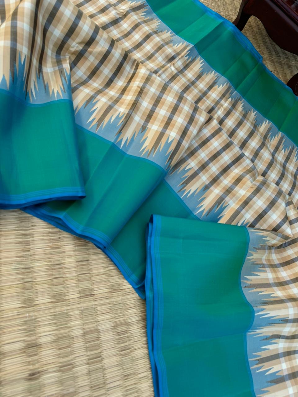 Recipe of Rarest Korvai Kanchivaram - stunning most beautiful beige off white and black chex body with aqua blue borders pallu and blouse