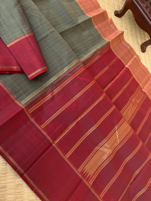 Maaya - Magical Kanchivarams - beautiful army green pluse buttas woven body with ganga jammuna woven borders