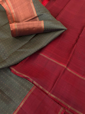 Maaya - Magical Kanchivarams - beautiful army green pluse buttas woven body with ganga jammuna woven borders