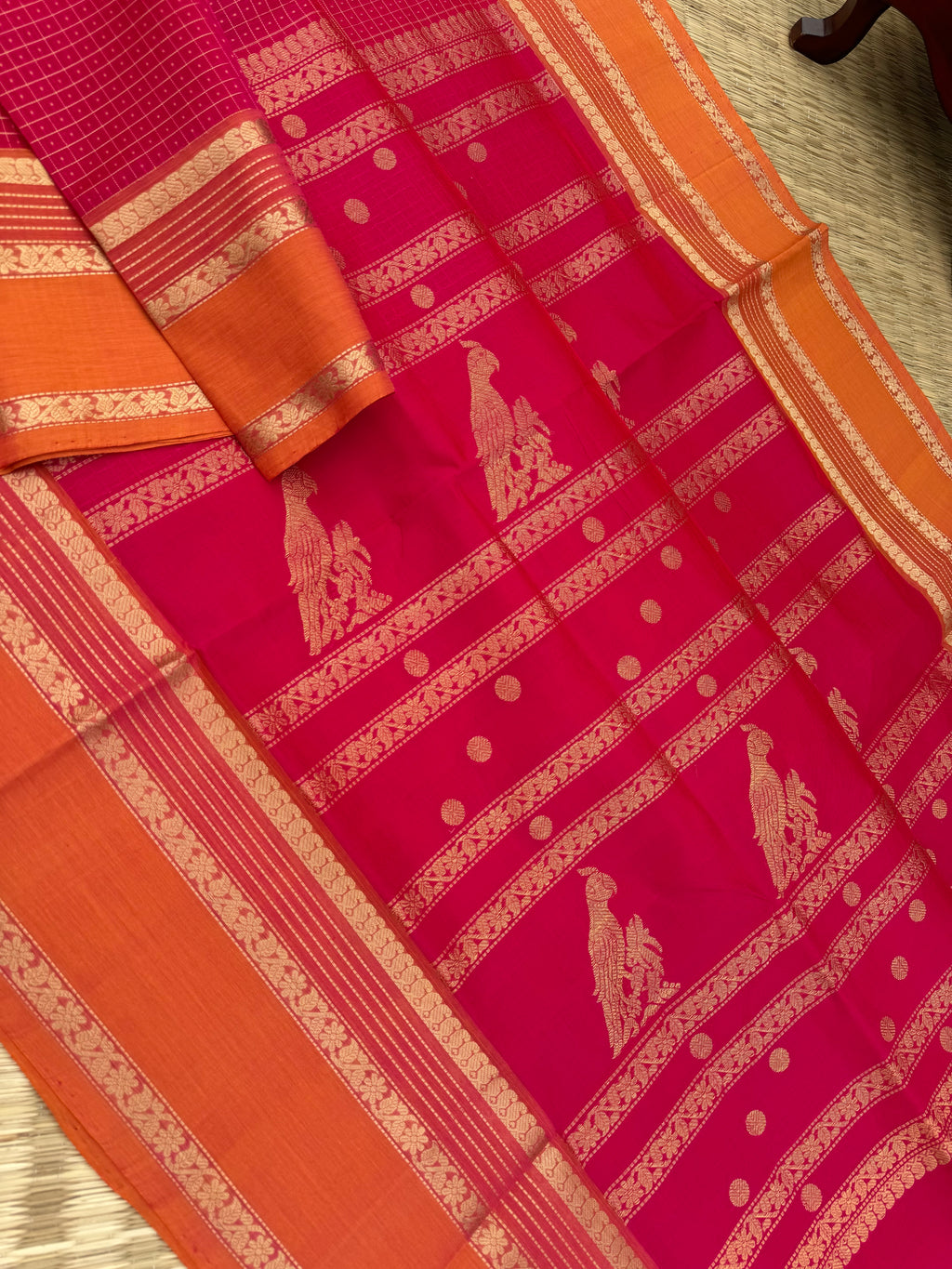 Zari Kissed Silk Cotton - stunning red with laksahdeepam with long parrots woven pallu