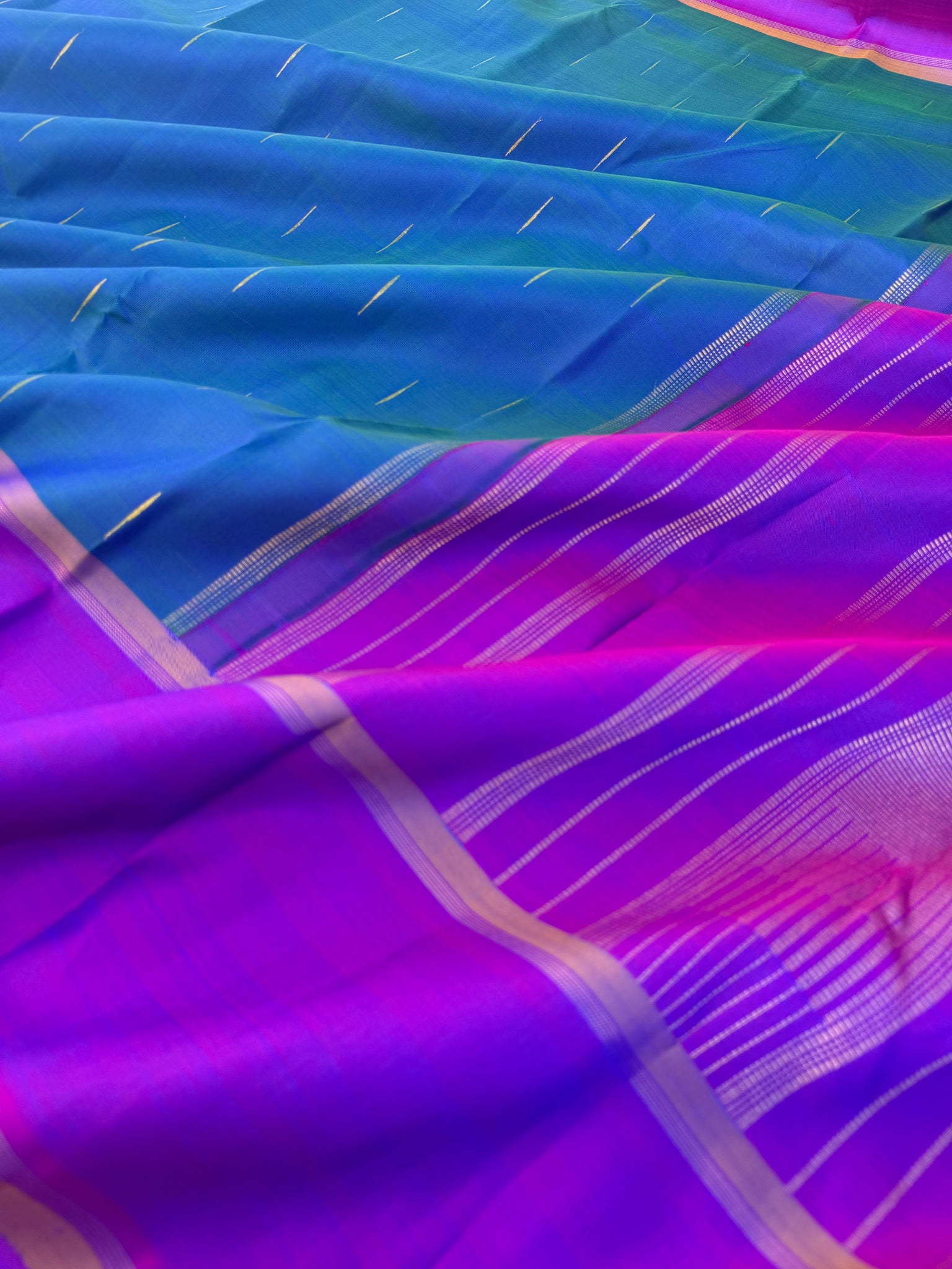 Diwali Edits - Kanchivaram For All Occasions - a perfect dual tone peacock blue green with violet pallu and blouse with rain drops woven buttas