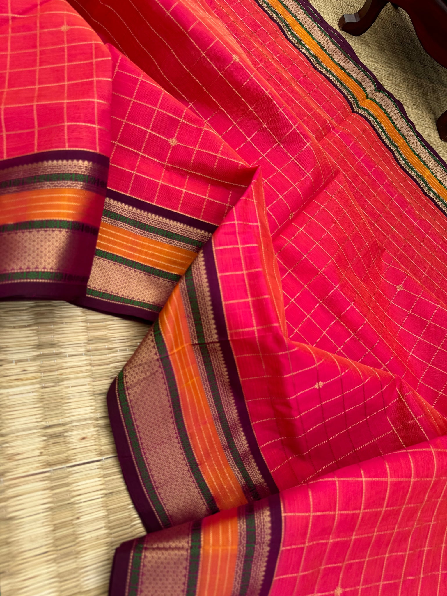 Zari Kissed Silk Cotton - orange mixed pink with muthu koortha kattam buttas