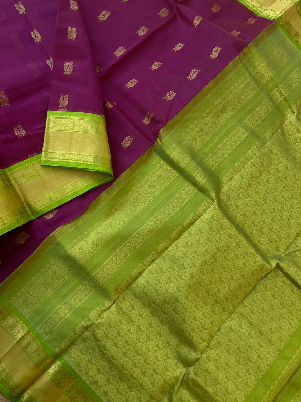 Korvai Silk Cottons - maroon mixed pink body and apple green pallu