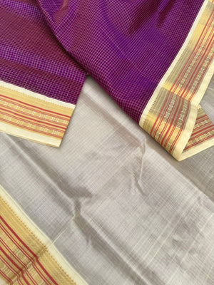 Korvai Silk Cottons - deep dark purple and off white with podi kattam woven body
