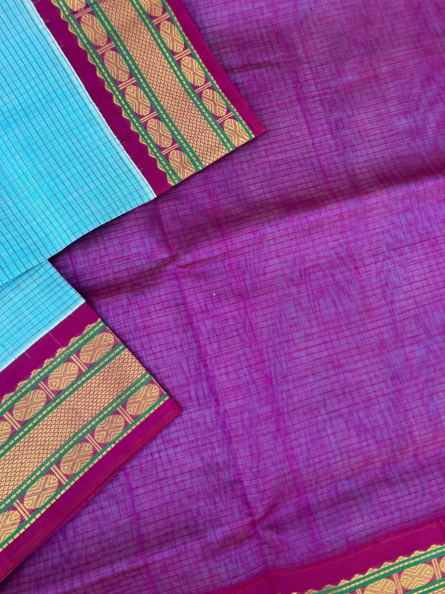 Korvai Silk Cotton - baby blue and majentha podi kattam