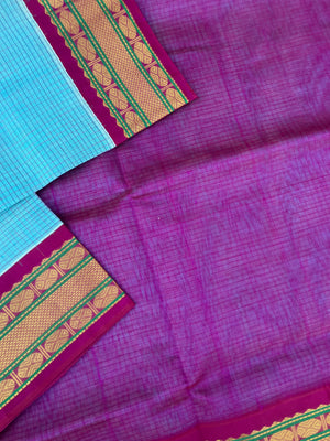 Korvai Silk Cotton - baby blue and majentha podi kattam