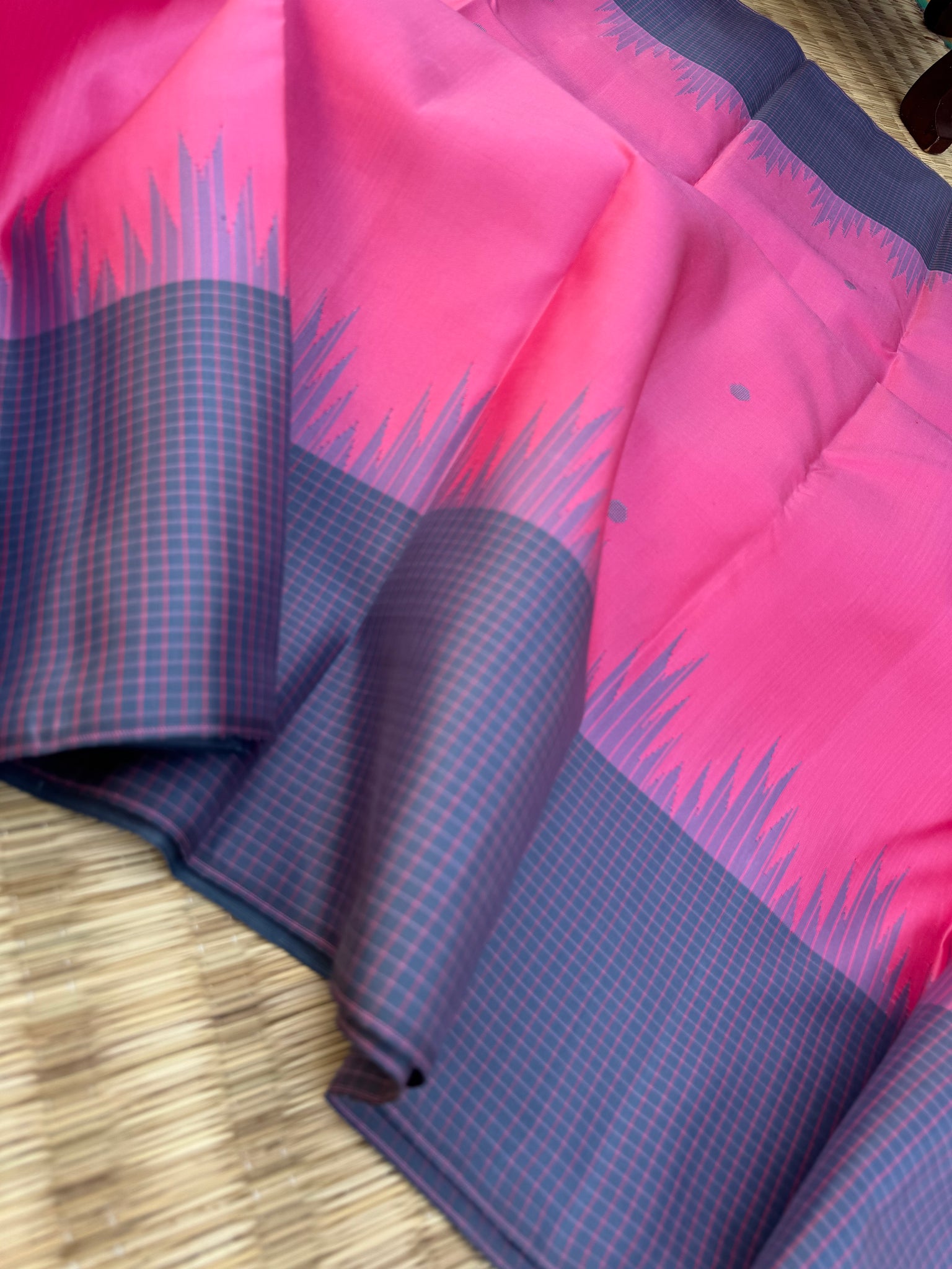 Ekatara - The Rarest Kai Korvai Kanchivarams - a stunning candy pink and bluish grey with chex borders and buttas woven body