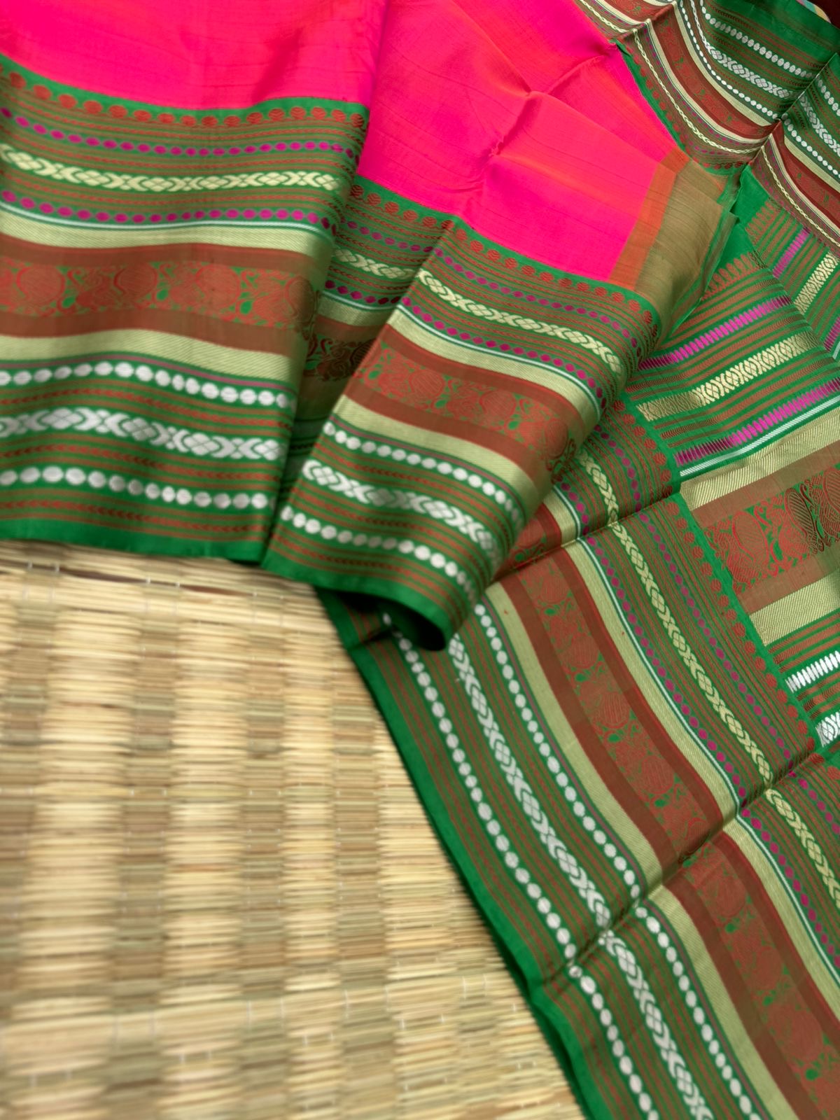Album Untouched - a classy kalakshetra style Kanchivaram in style pink and green with varusai pett woven no zari borders