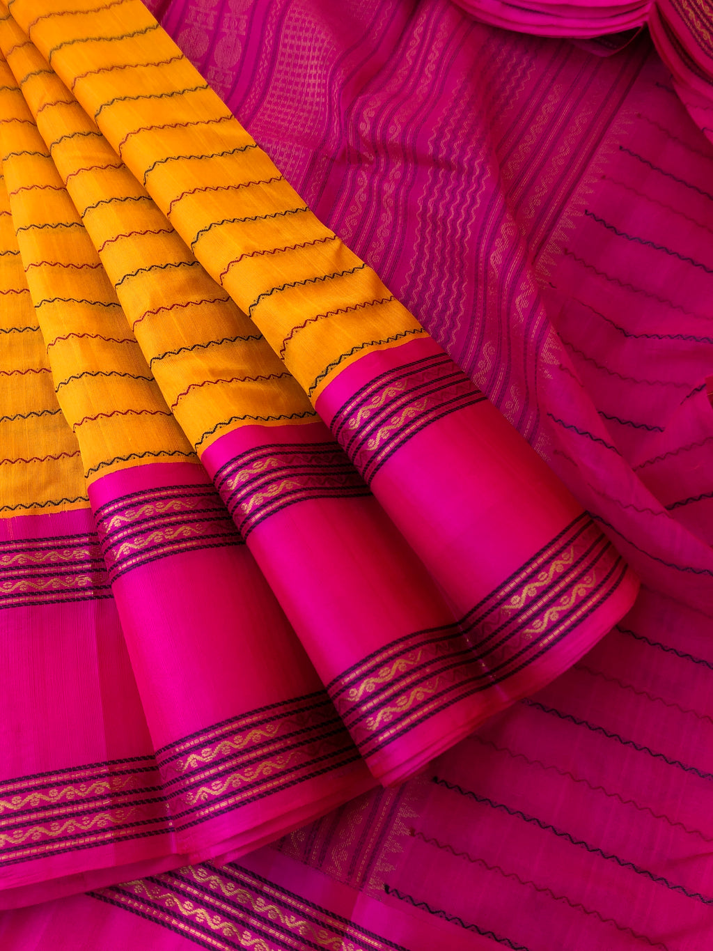 Divyam - Korvai Silk Cotton with Pure Silk Woven Borders - stunning mango yellow and pink veldhari