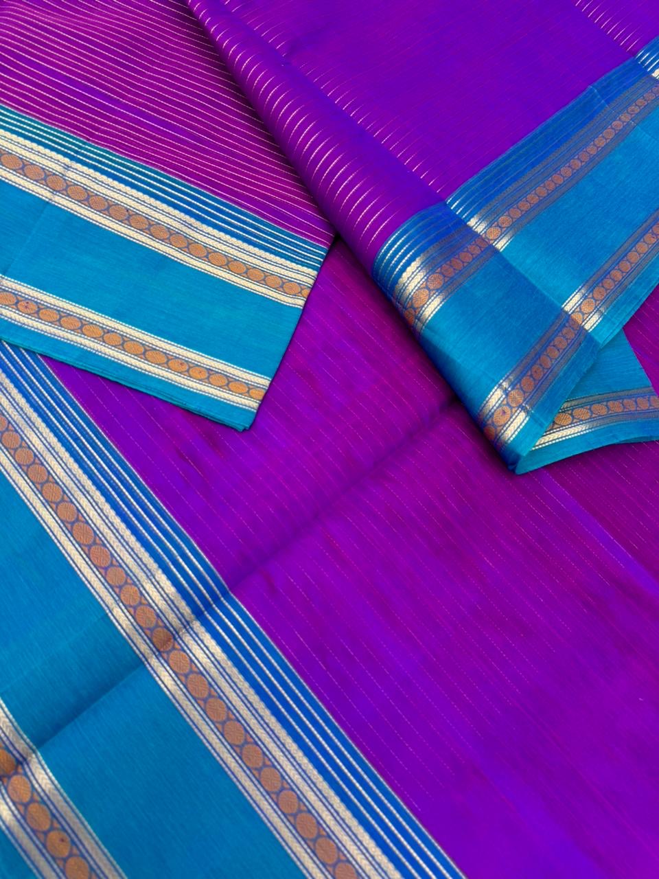 Zari Kissed Silk Cotton - deep purple and burnt blue oosi strips