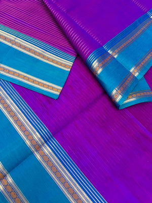 Zari Kissed Silk Cotton - deep purple and burnt blue oosi strips