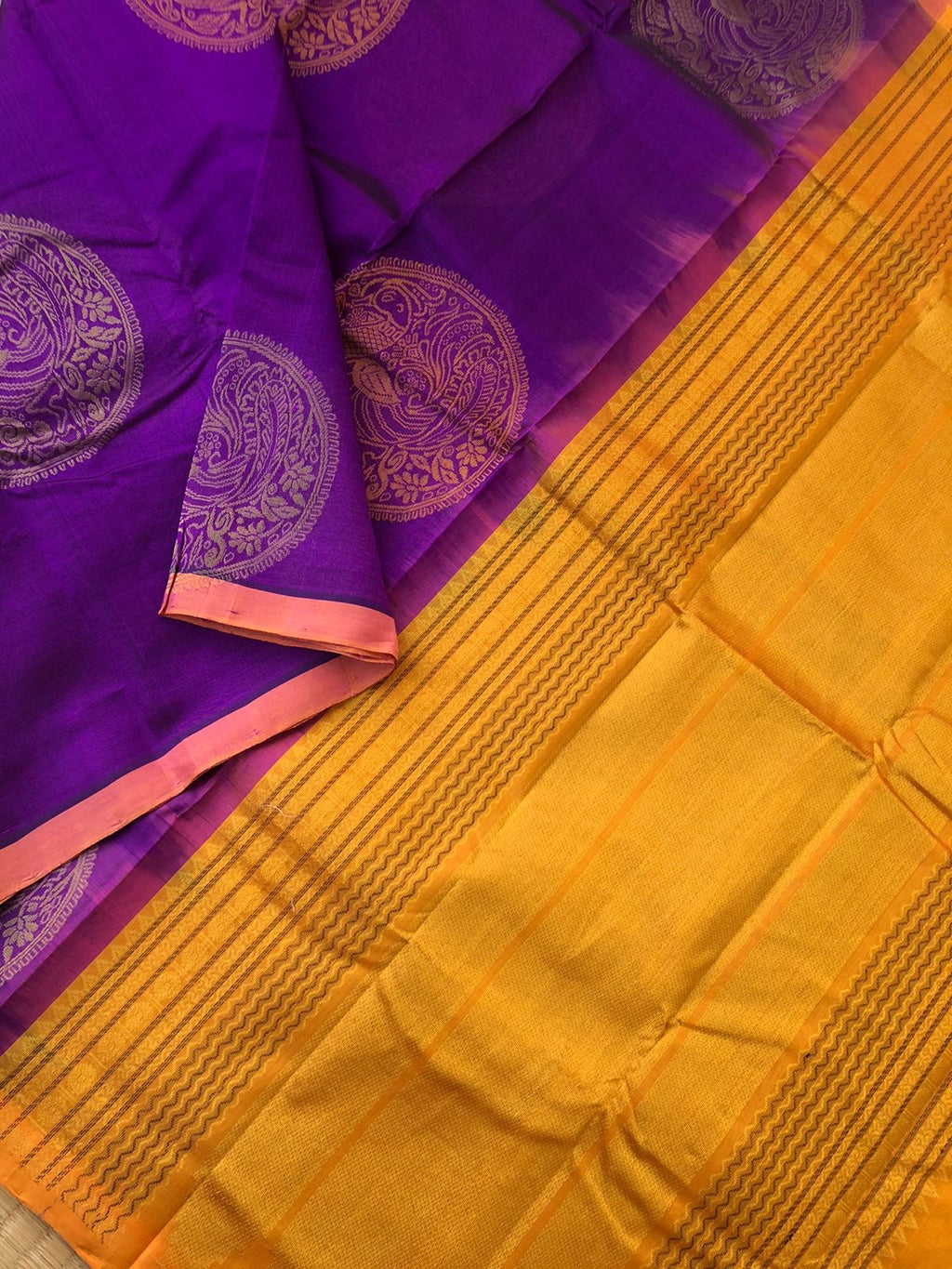 Woven Motifs Silk Cotton - purple and mustard big Annapakshi woven buttas